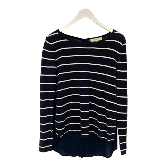 Ann Taylor LOFT Long Sleeve Blouse‎ Sheer Button Back Striped Navy White Sz M - Picture 1 of 6